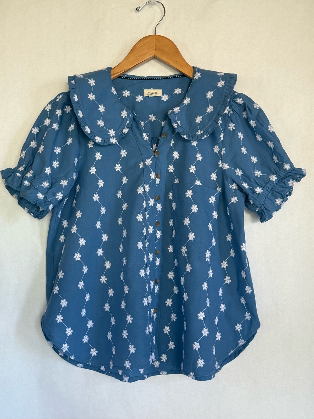 Anthropologie Pilcro Blue Floral Embroidered Puff Sleeve Blouse